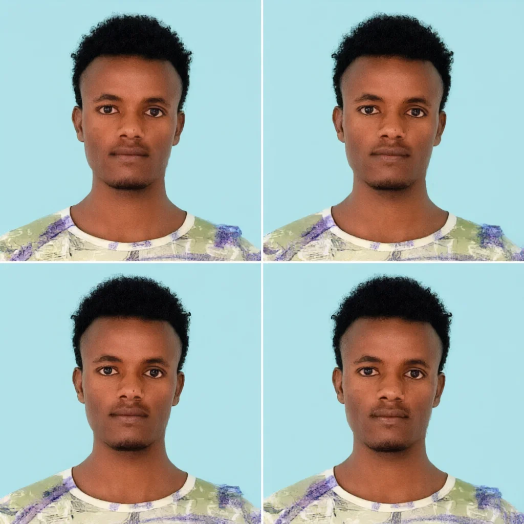 Four matching passport photos of a man on a blue background