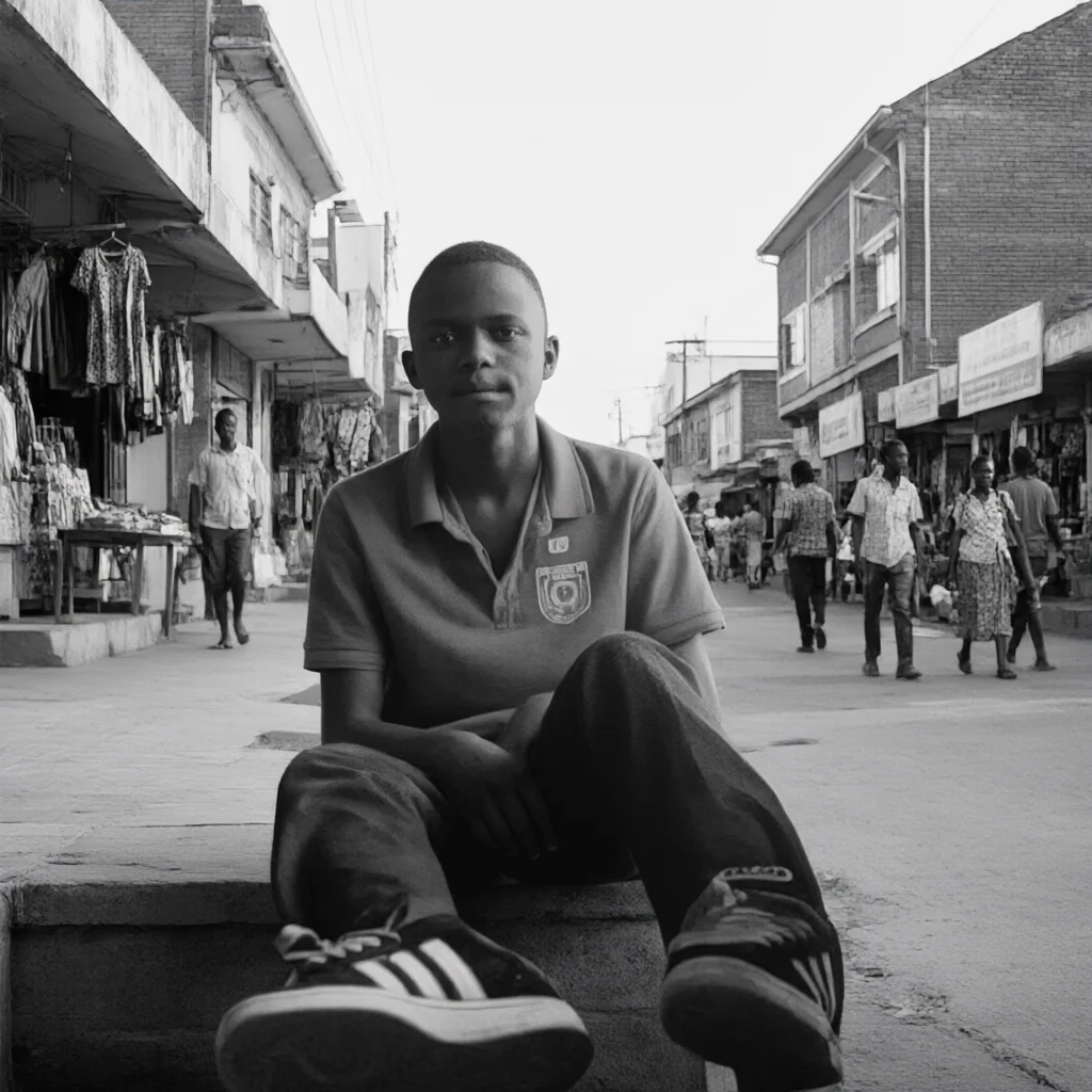 A black and white photo of a young man sitting on a concrete ledge looking at the camera while people walk past shops in a town street.