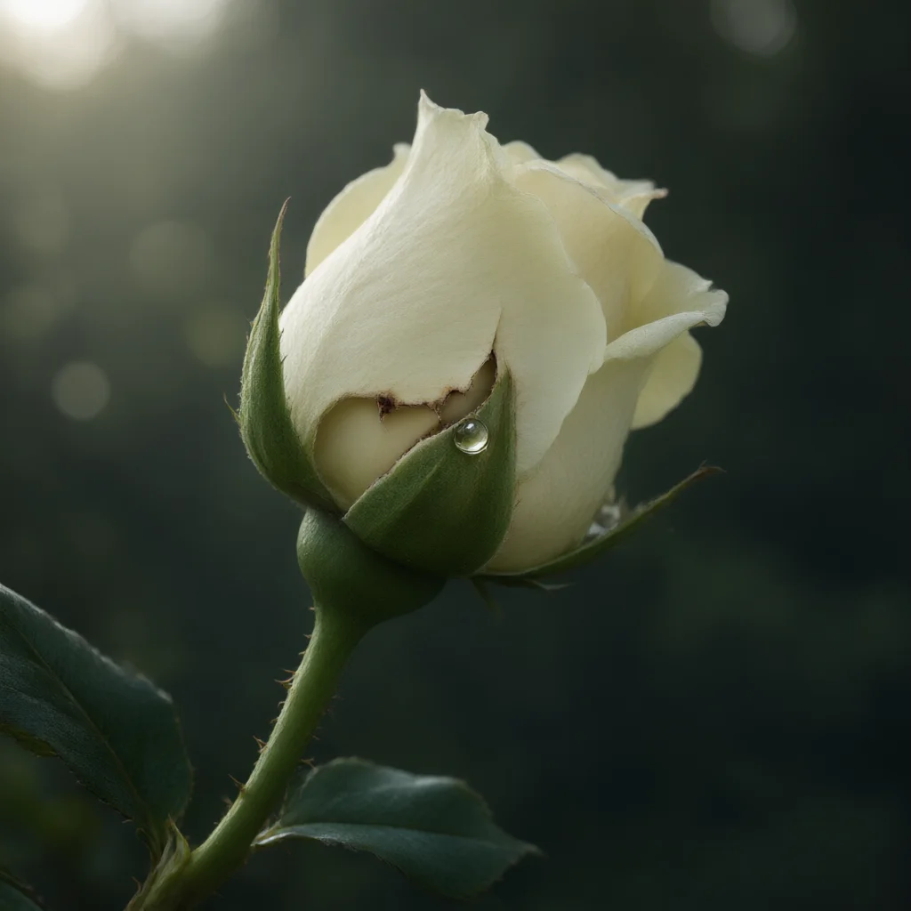 White rose bud with a single water droplet resting on the