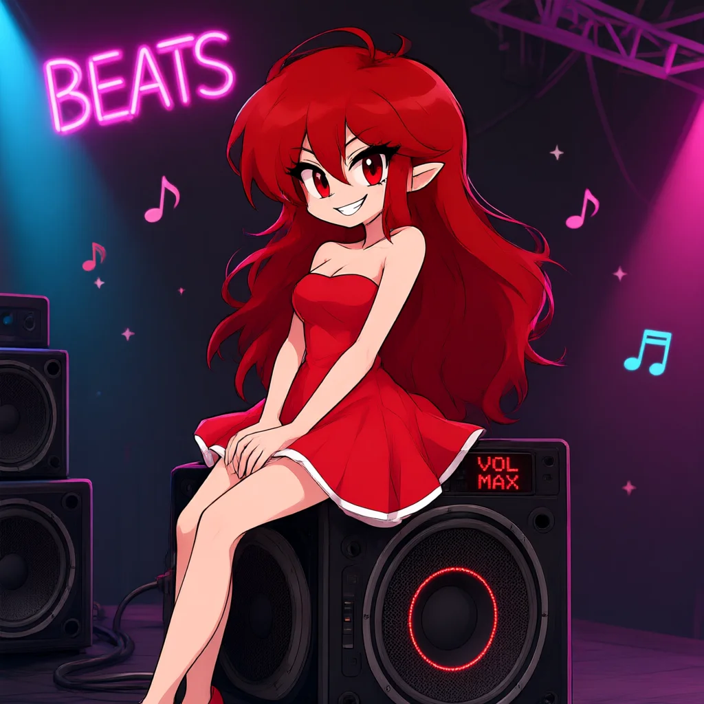 Red haired girl in a red dress sitting on speakers under a
