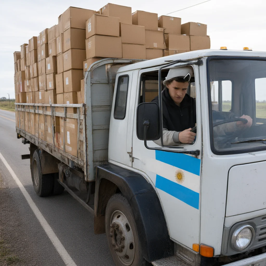 White truck carrying a massive stack of cardboard boxes