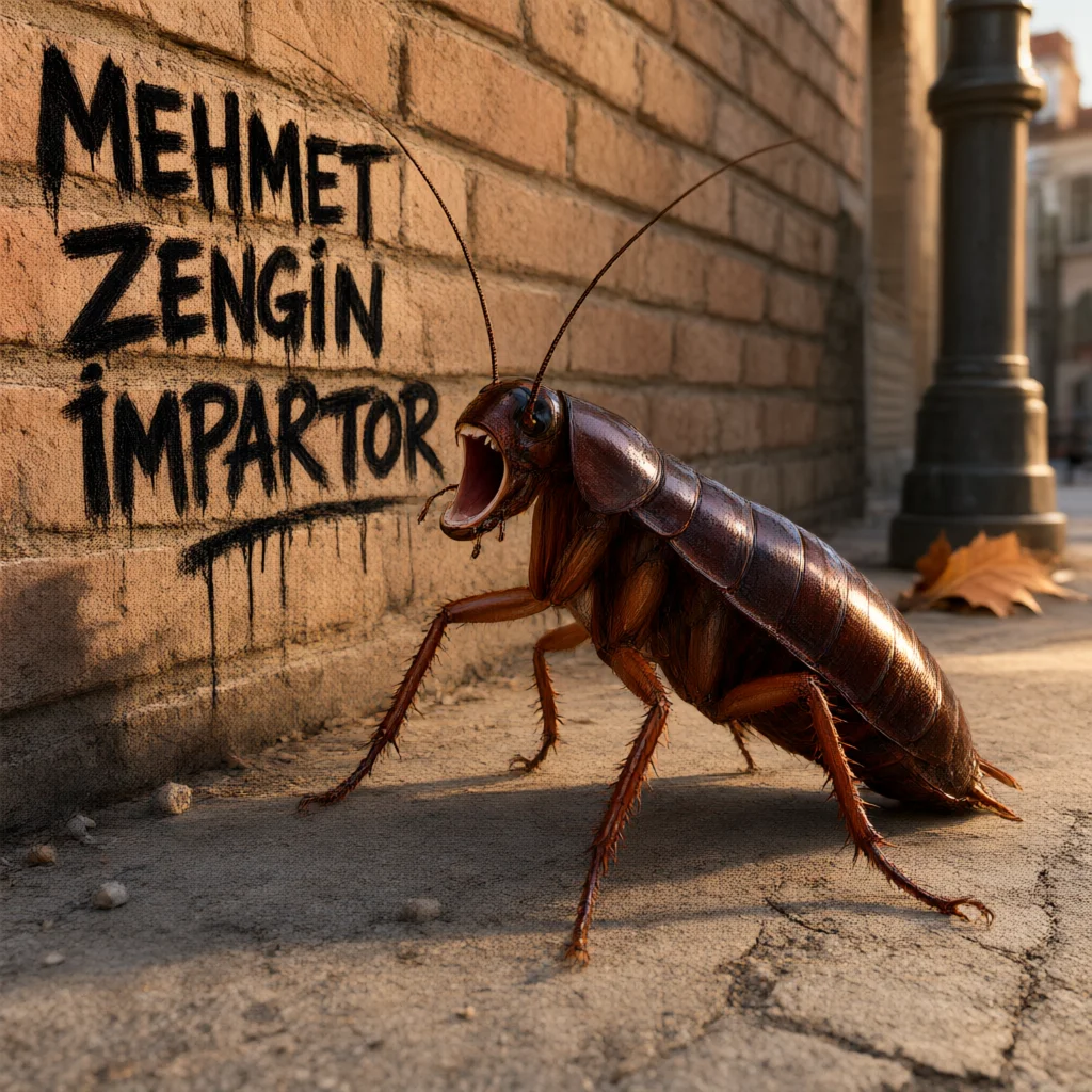 Giant cockroach with open mouth next to graffiti on brick