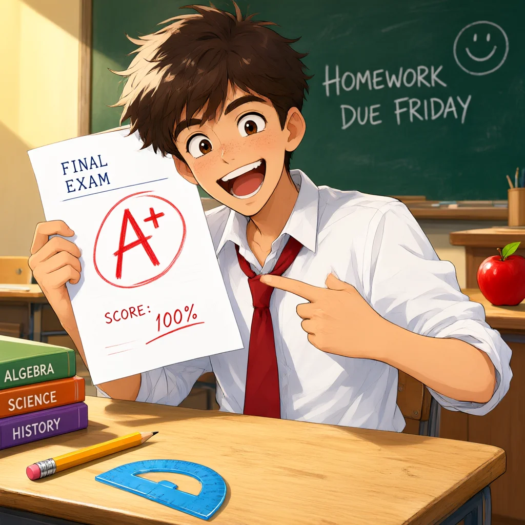 An animated boy points happily at a test score of 100 percent while sitting at a desk with textbooks and school supplies.
