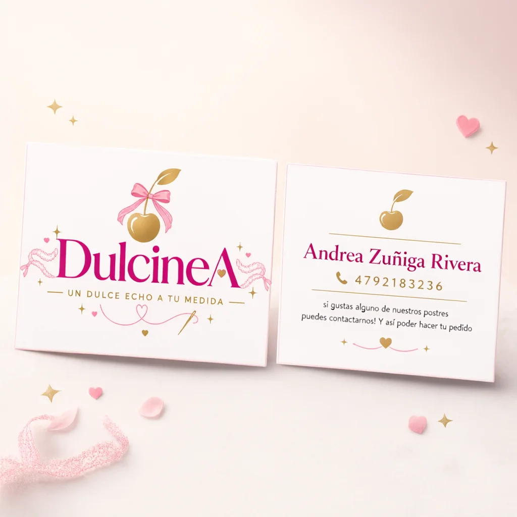 Dulcinea business card design featuring a golden apple logo