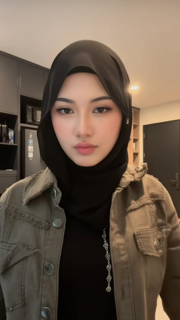 Woman in black headscarf and grey jacket with dark shelves.