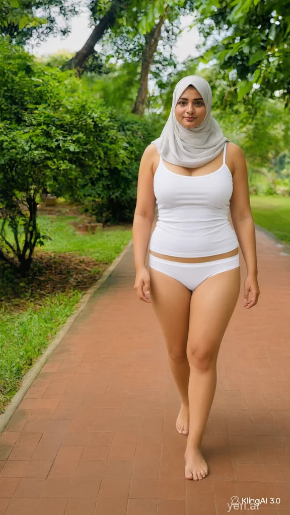 Woman in white tank top and grey hijab walking barefoot on