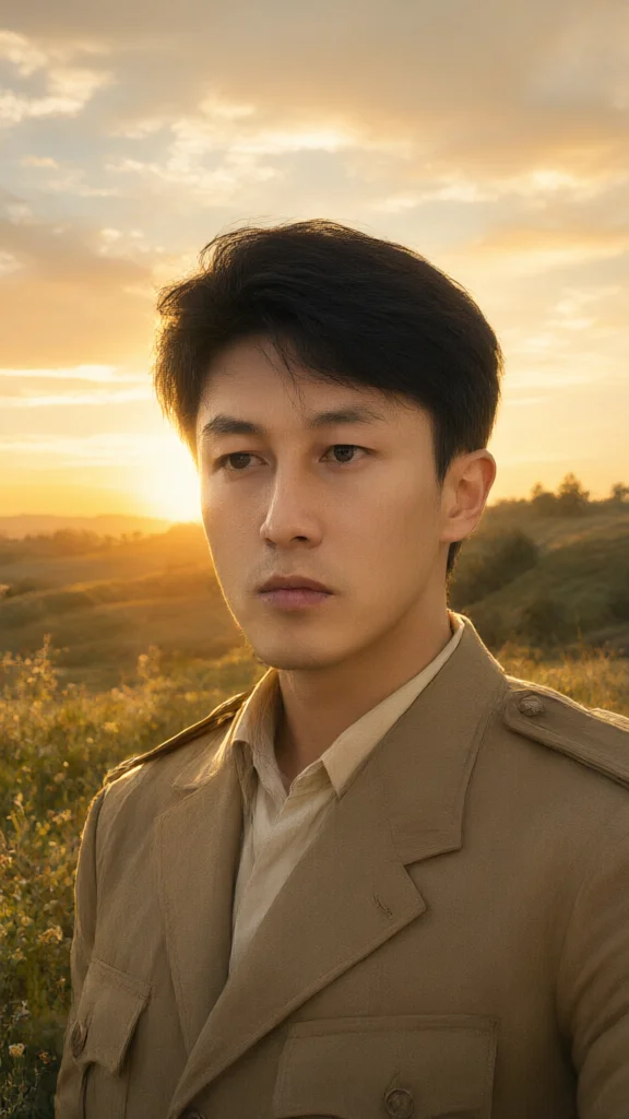 Man in beige jacket standing in a field during golden hour