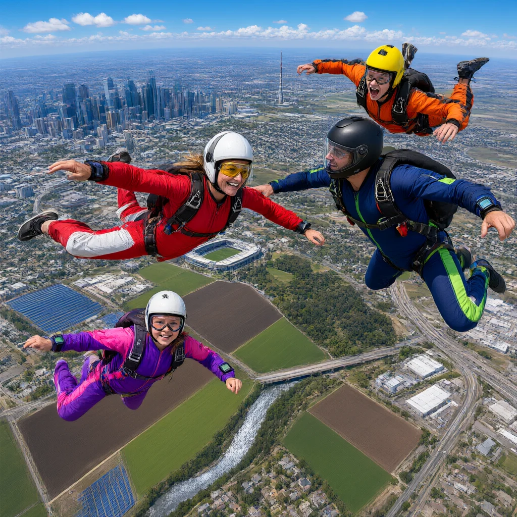 Four skydivers in colorful gear falling over a city skyline