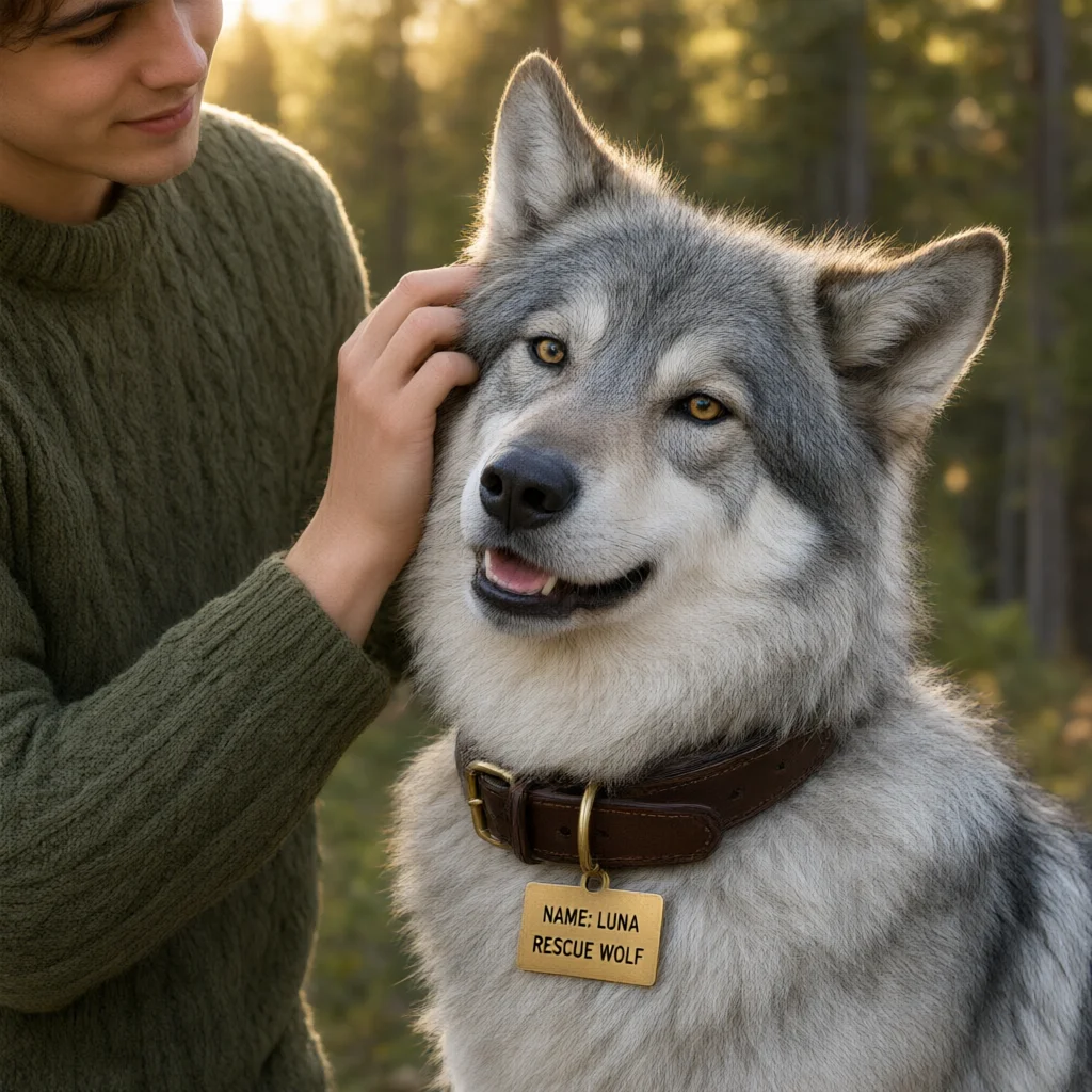 Young man in green sweater petting a grey wolf named Luna