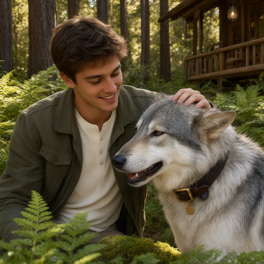 Young man smiling while petting a grey wolf wearing a