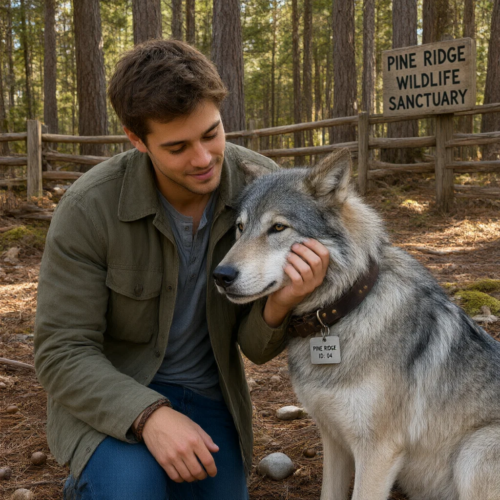 Man Petting A Wolf At Pine Ridge Wildlife Sanctuary With