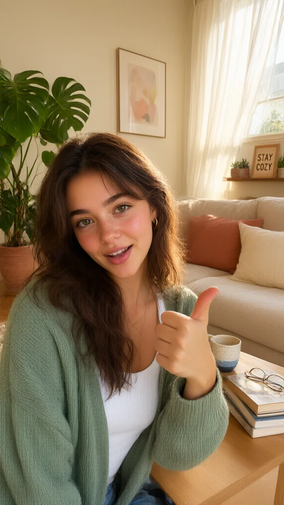 Woman in green cardigan giving thumbs up in a sunlit living