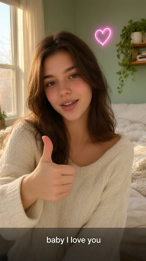 Woman in cream sweater giving thumbs up with neon heart and