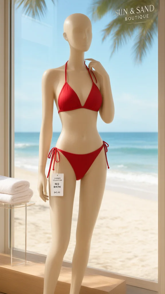 Headless Mannequin Displaying Red String Bikini in Front of