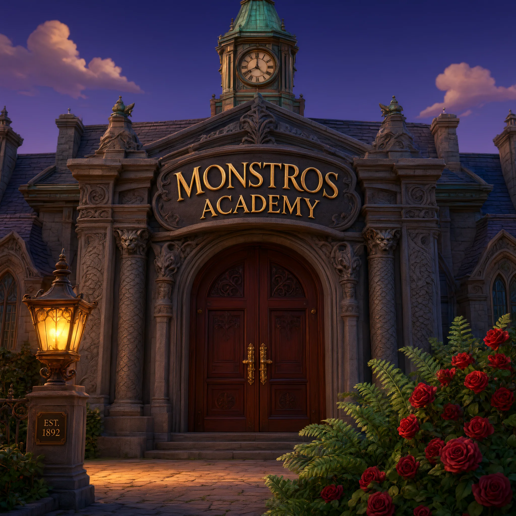 Monstros Academy entrance with glowing lantern and red