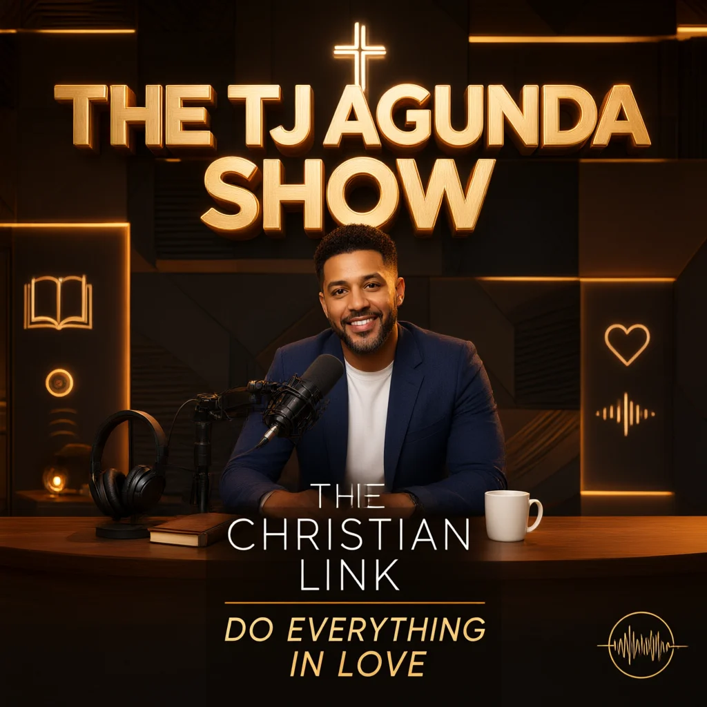 The TJ Agunda Show host smiling at a podcast desk with