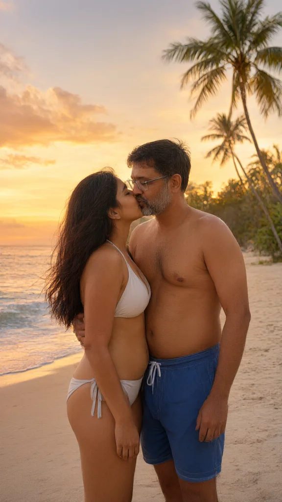 Couple kissing on a sandy beach during golden hour with