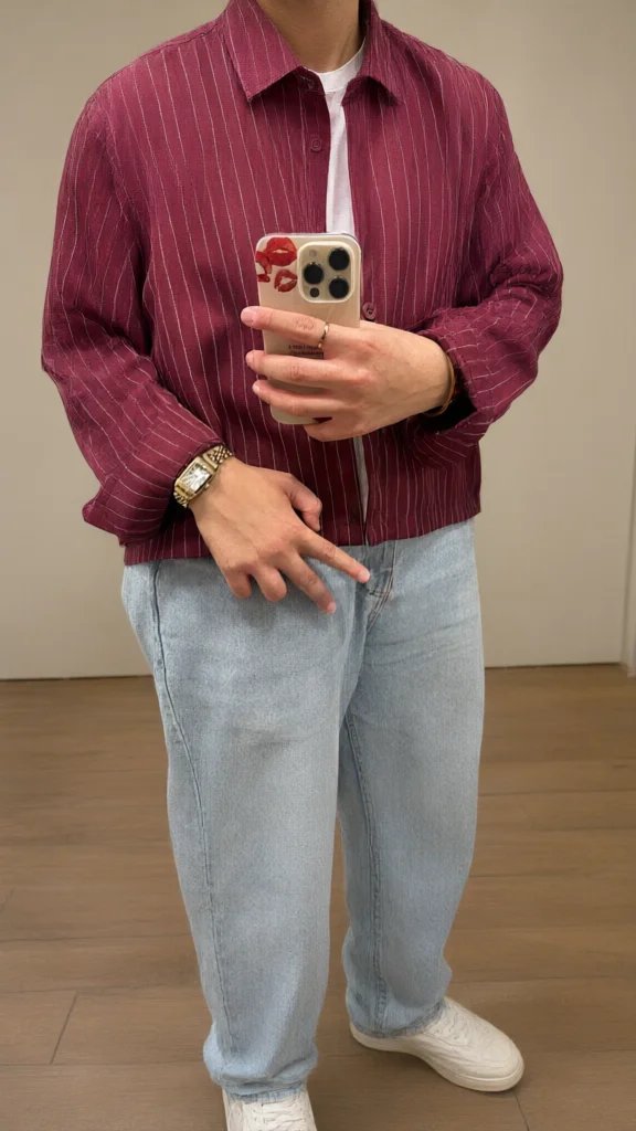 Man in maroon pinstripe jacket taking a mirror selfie with
