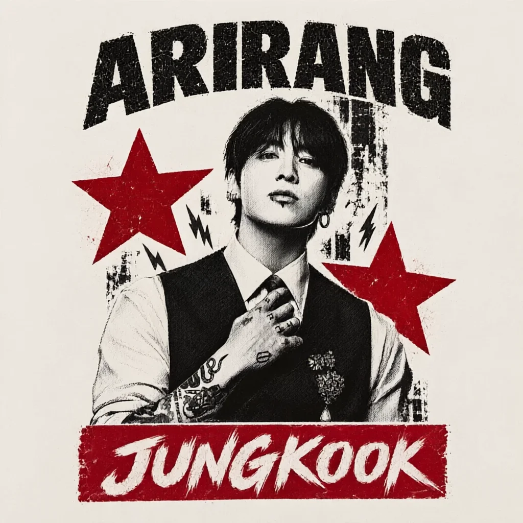 A graphic design featuring a man in a vest with tattooed hands, flanked by red stars and bold text reading ARIRANG and JUNGKOOK.
