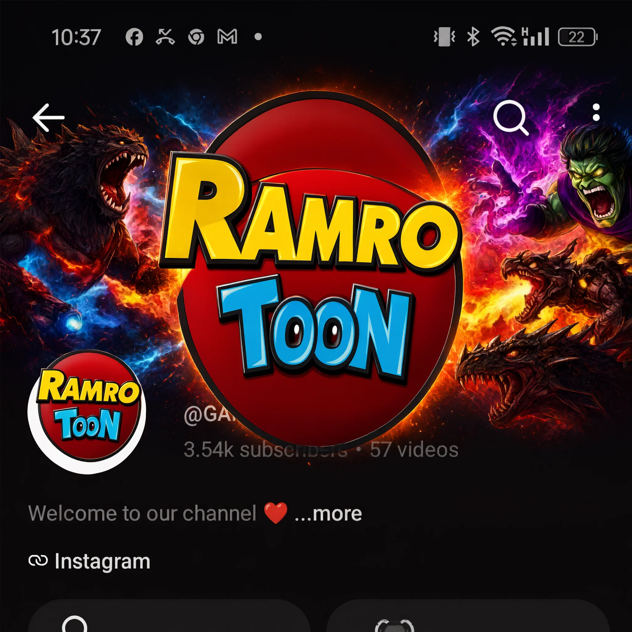 Ramro Toon YouTube channel banner featuring a red logo and