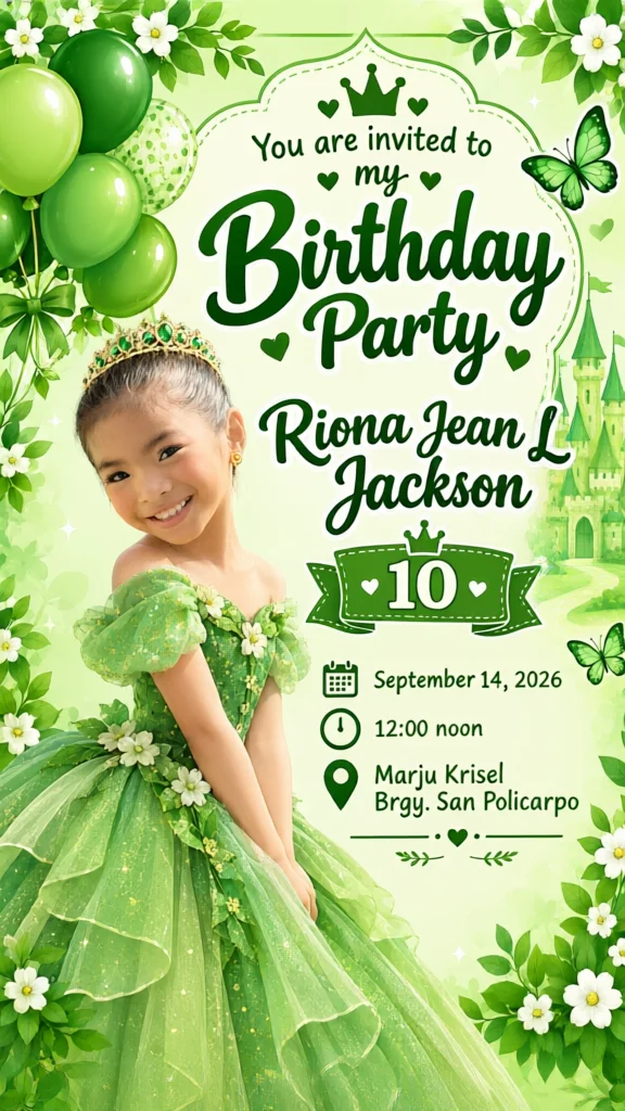 Green Princess Birthday Invitation for Riona Jean L Jackson