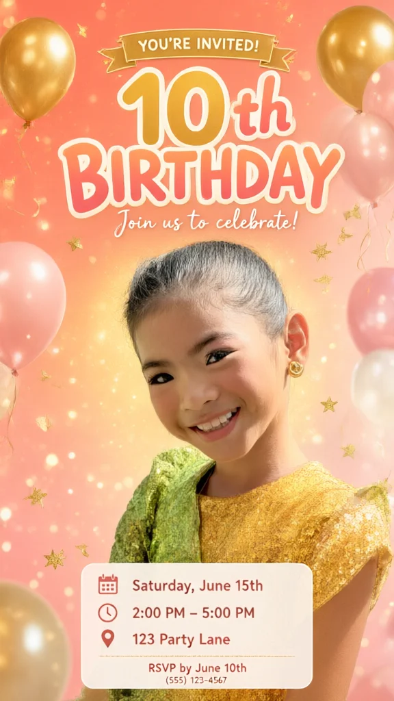 Smiling girl in green dress celebrates 10th birthday with