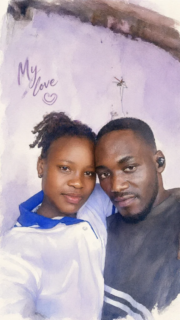 Watercolor portrait of a couple leaning heads together with