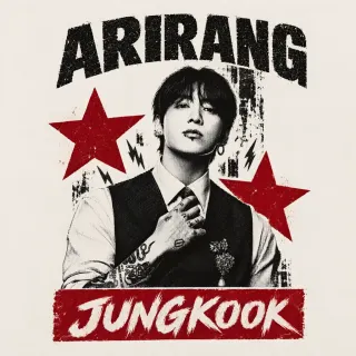 Arirang Jungkook poster with red stars and distressed black