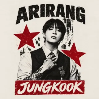 Arirang Jungkook poster with red stars and gritty texture