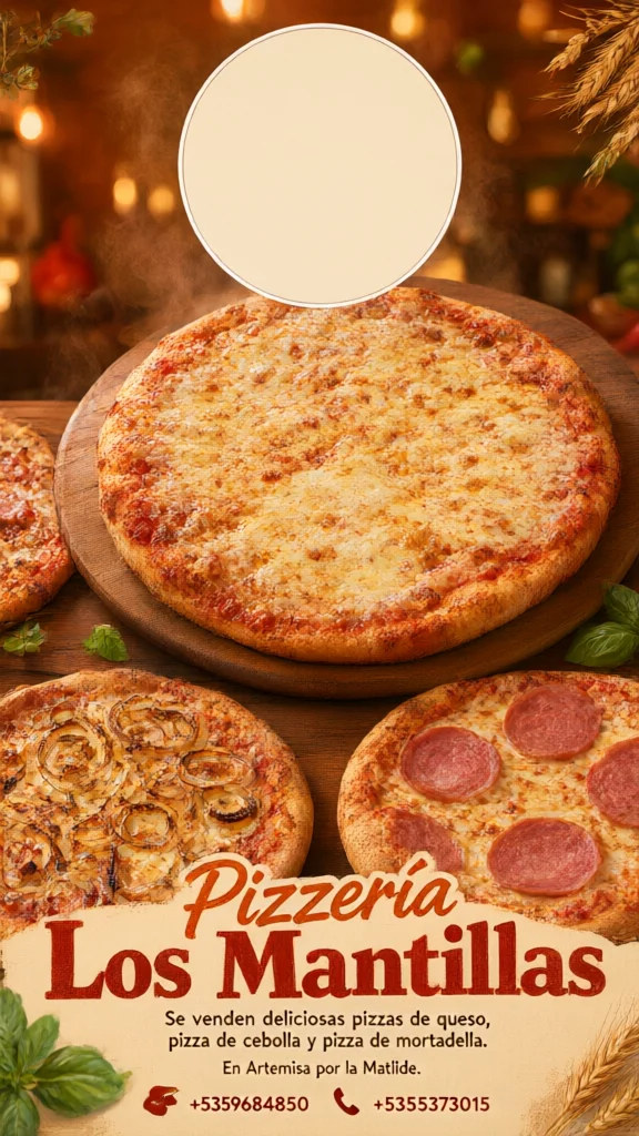 Pizzeria Los Mantillas advertisement featuring cheese onion