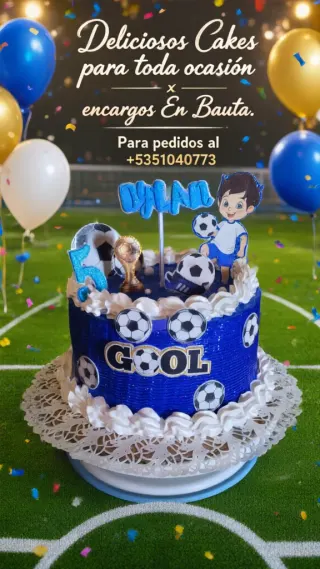 Blue soccer themed birthday cake with balloons and custom