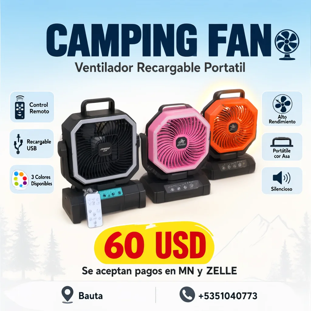 Three portable camping fans in black pink and orange with