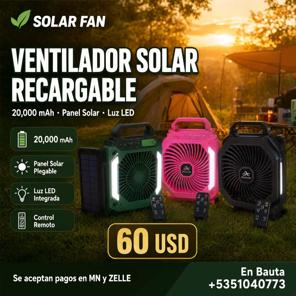 Three portable solar fans in green pink and black displayed