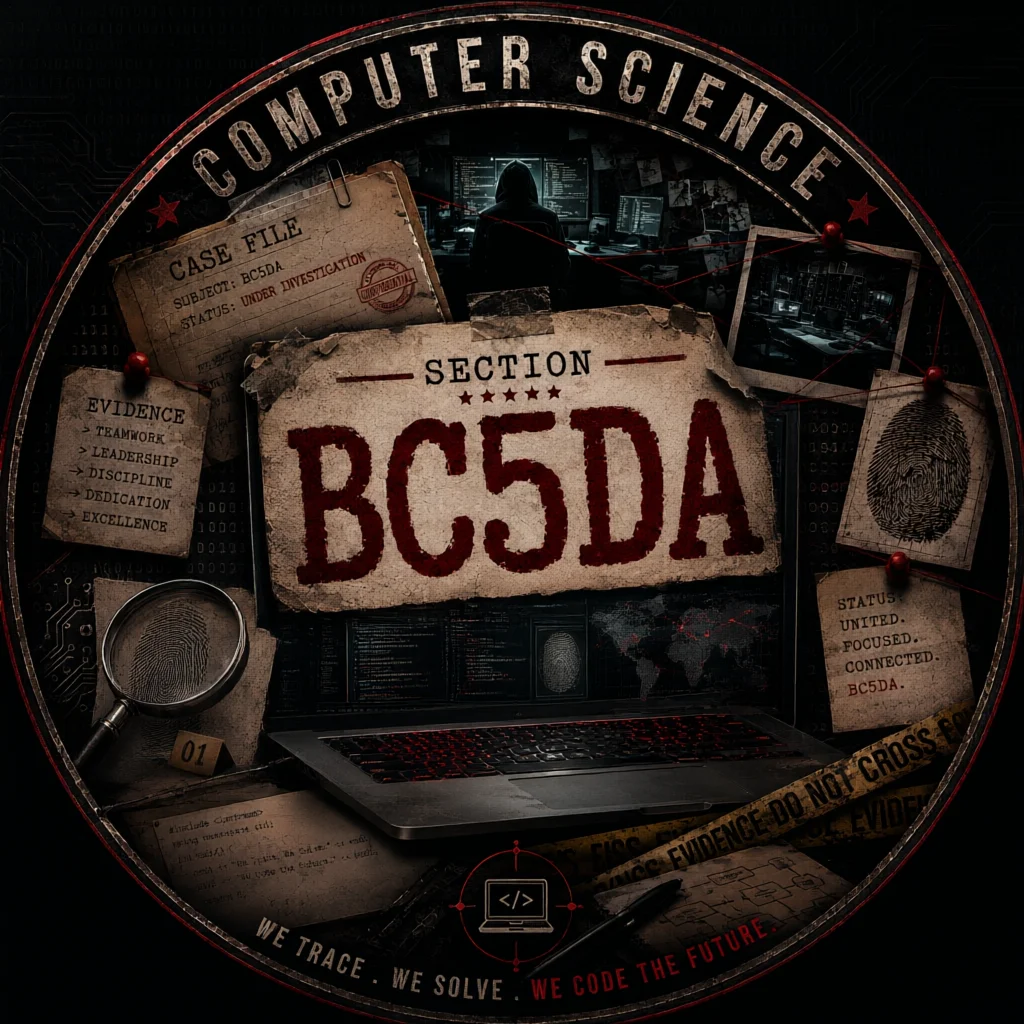Circular computer science badge with laptop and forensic