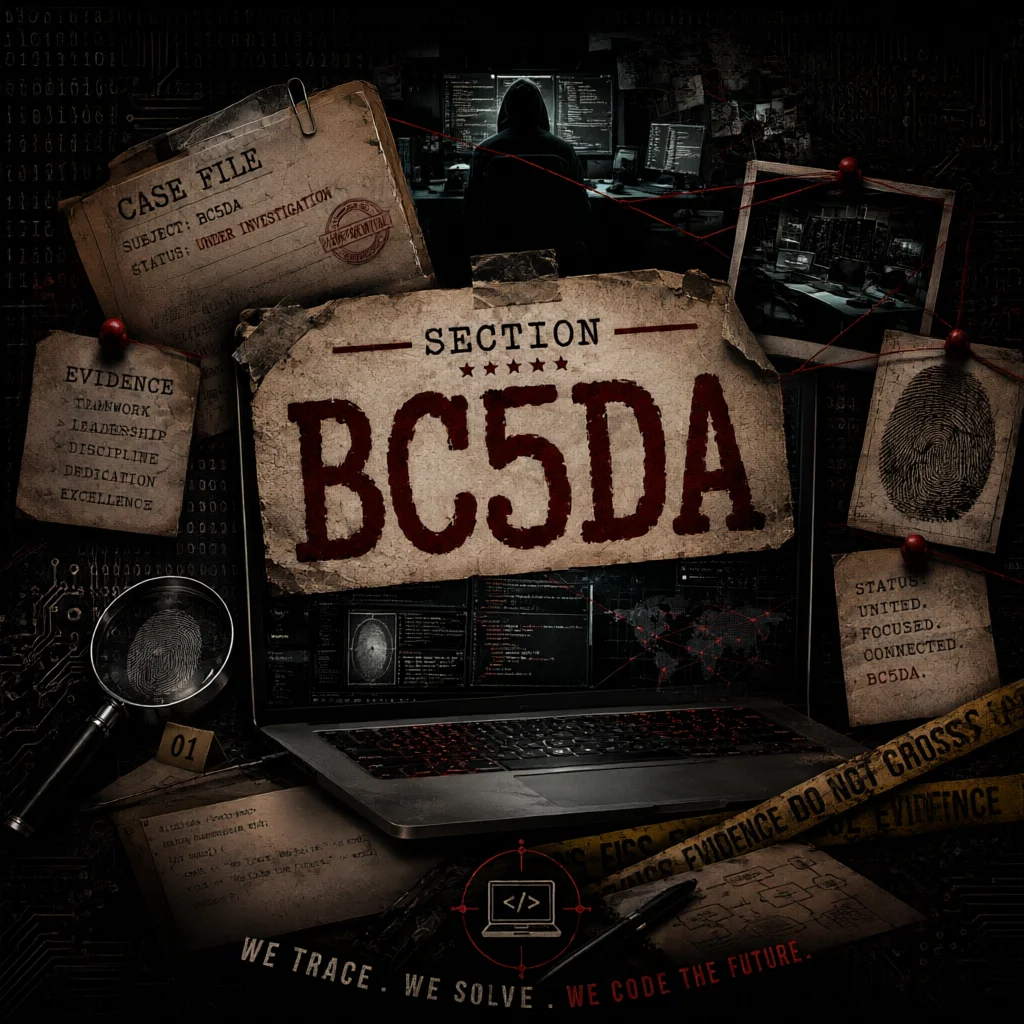 Digital case file collage with laptop and investigation text