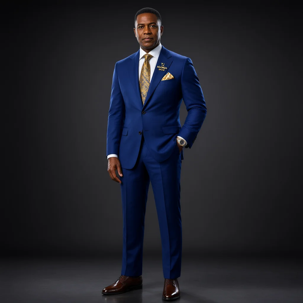 Man in a tailored royal blue suit with gold tie and pocket