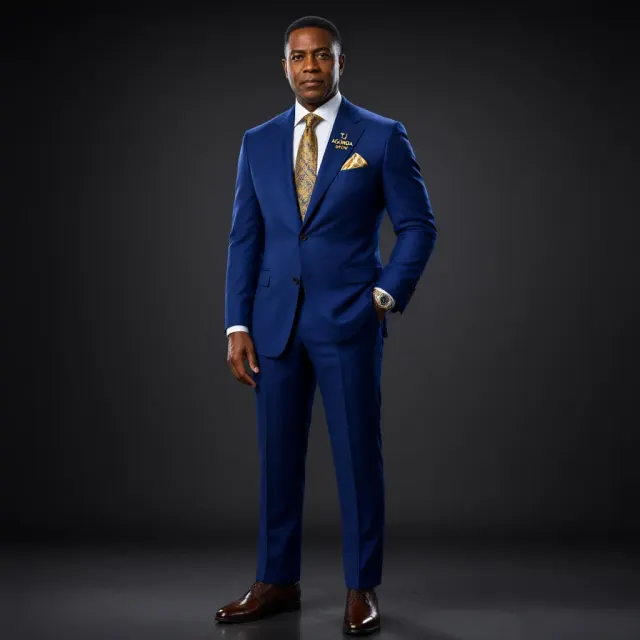 💙 Royal Blue & Gold — “The Signature Host”
Suit: Deep royal-blue tailored two-piece suit.
Shirt: Crisp white dress shirt.
Tie: Gold or blue-and-gold patterned tie.
Pocket square: Gold/white.
Shoes: Polished black or dark-brown leather shoes.
Accessories: Elegant watch and simple lapel pin featuring the TJ Agunda Show logo.
Branding: Small “TJ AGUNDA SHOW” logo on the left chest or lapel.
Style: Confident, premium, and authoritative—ideal for the main show.
