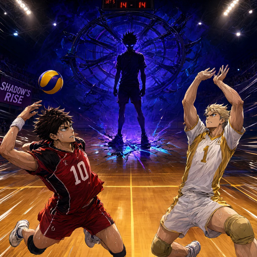 Anime volleyball match with glowing shadow figure and