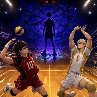 Anime volleyball match with glowing shadow figure and