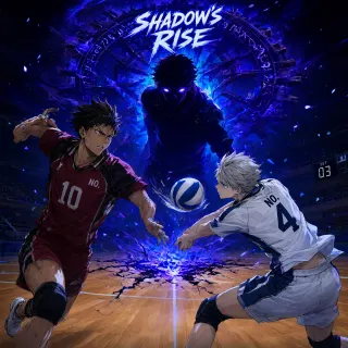 Two volleyball players compete for the ball while a shadowy