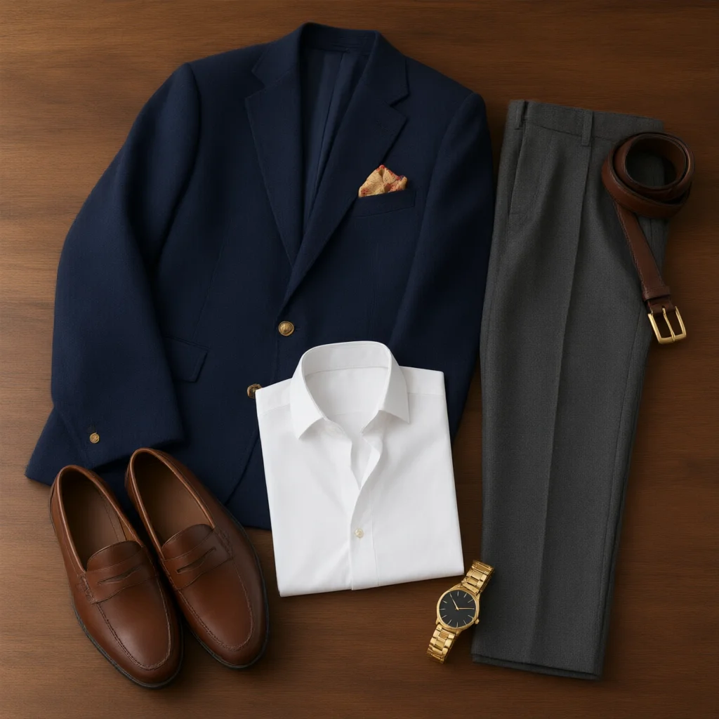 Flat lay of a navy blazer white shirt and grey trousers