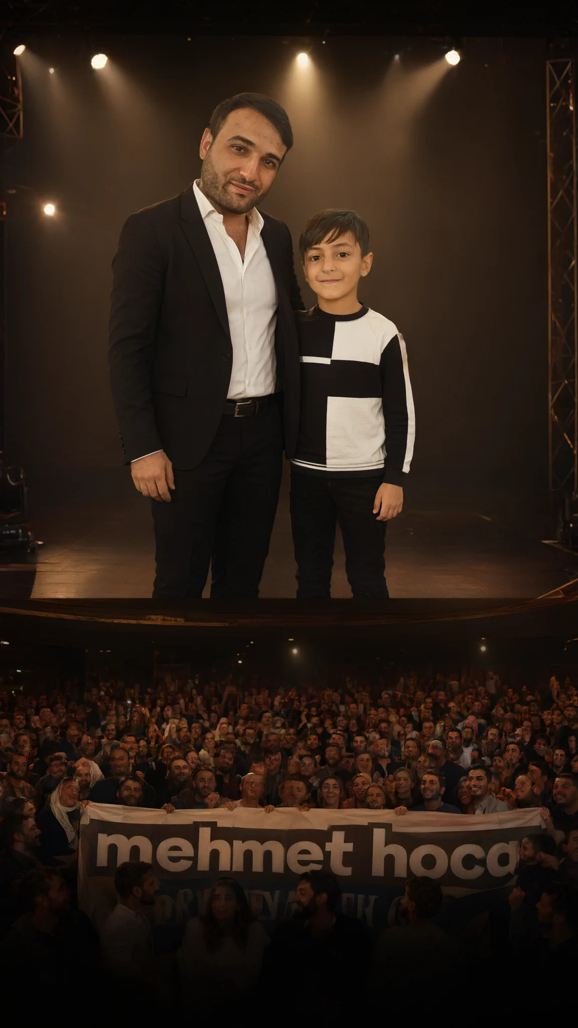 Large stage screen showing man and boy above crowd banner