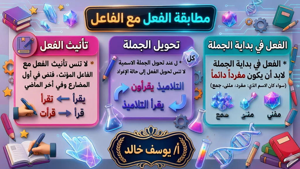 Arabic grammar infographic explaining verb matching and