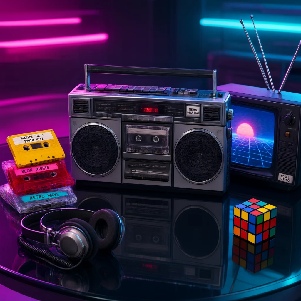 Retro boombox and cassette tapes arranged on a reflective