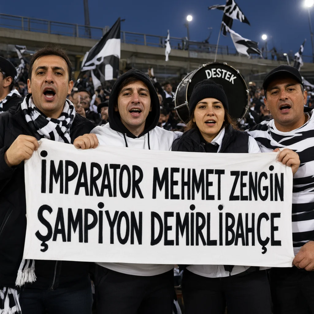 Four supporters in black and white clothing hold a banner with Turkish text. A drum and flags are visible in the stadium background behind them.