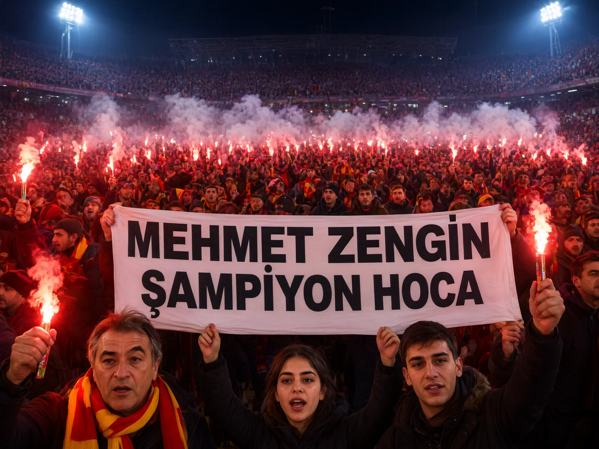 Stadium crowd holding banner and red flares at night