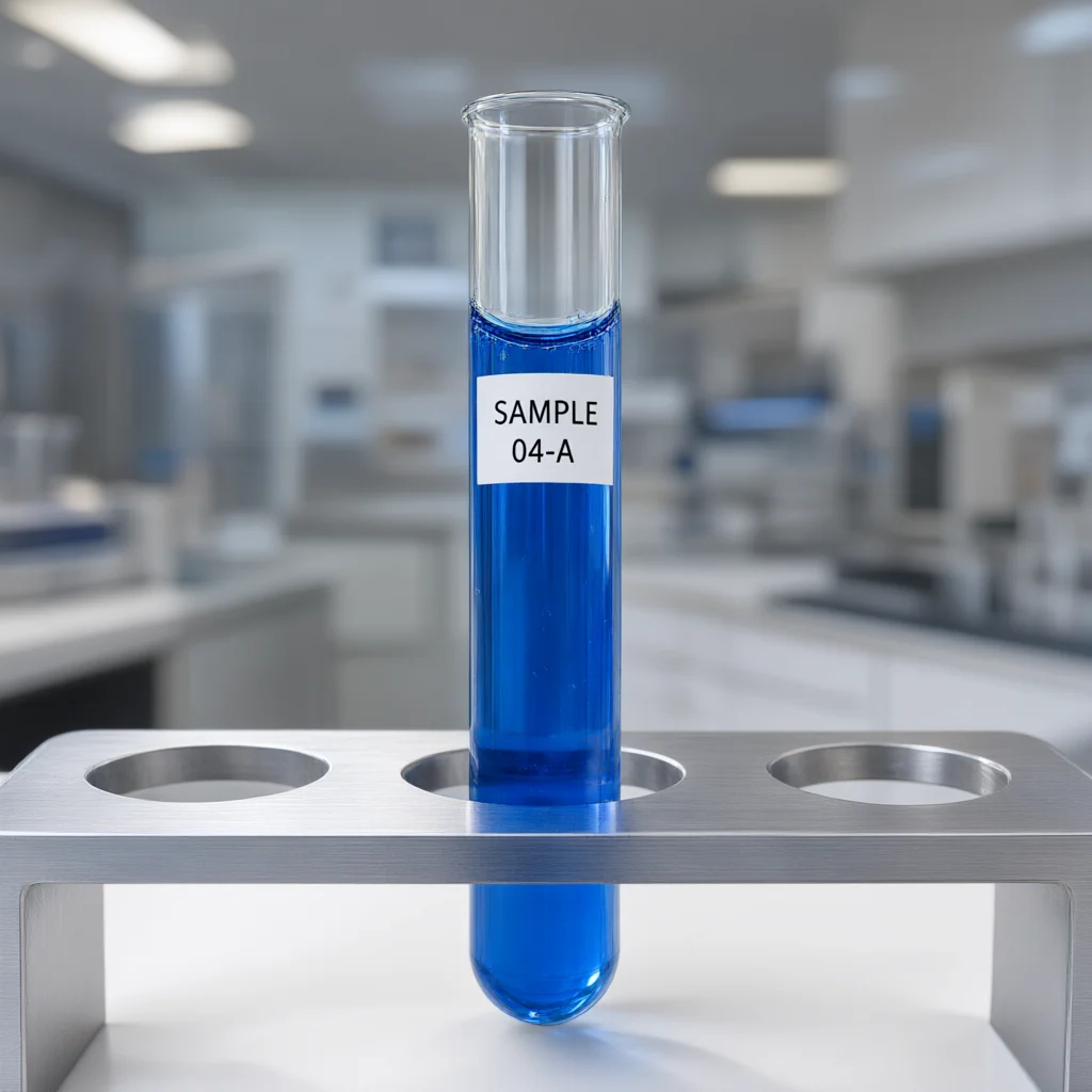 Blue Liquid Sample 04-A in a Test Tube on a Metal Rack
