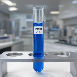 Blue Liquid Sample 04-A in a Test Tube on a Metal Rack