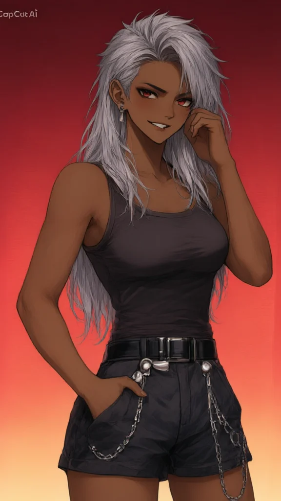Silver haired woman in black tank top and shorts with chain