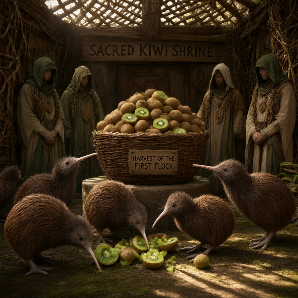 Kiwi birds eating fruit in a wooden shrine surrounded by